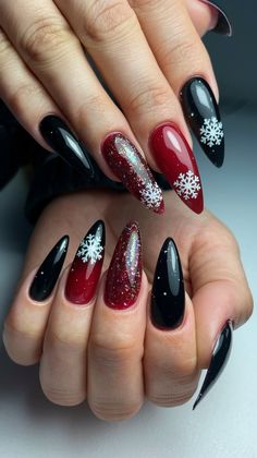 Transform your manicure into a festive masterpiece! These pointed nails combine rich reds, sleek black, and enchanting snowflake designs for a chic winter look. Get inspired to show off your festive style this season! ✨❤️
#nailsdesign #nailsinspo #winternails #acrylicnails #decembernails Christmas Nail Designs Easy, Christmas Nail Colors, Art Noel, Candy Cane Nails, Christmas Gel, Red Christmas Nails, Cute Christmas Nails, Winter Nails Acrylic