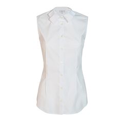 The Women's Sleeveless Cotton Shirt is similar to a vest-style garment but instead features comfortable cotton stretch poplin material with a button-down middle. The collar has a Macchiavelli-inspired feel to it, finished with a pleated effect for added style. Decorative darts across the sleeveless shirt also add necessary shape to the look for a sleek, tapered result. This streamlines the appearance for fitted comfort. It's a suitable garment for cooler weather, allowing your arms to breathe an Elegant Poplin Tops For The Office, Elegant Poplin Tops For Office, Elegant Poplin Tops, Elegant Collared Poplin Top, Fitted Poplin Shirt For Daywear, Classic Cotton Vest Top, Fitted Poplin Office Top, Fitted Poplin Top For Office, Elegant Poplin Tops With Spread Collar