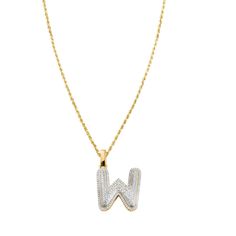 DESCRIPTION: This lovely diamond initial letter w pendant is handcrafted in lustrous 10K yellow gold. Choose your own custom initial. The letter is pave set with round cut diamonds which total to 0.46 carats. The pendant measures to 29.7 mm in length and 20.7 mm in width. Weighing 3.8 grams, this pendant is an ideal accessory for an every day casual wear. Note: This chain is for illustration purposes only and may be purchased separately.    DETAILS: Item Code PEHH0867GQ Diamond Carat Weight 0.46 ctw Diamond Clarity si Diamond Color g-h Metal Color yellow Metal Type gold Length 29.7mm Item Weight 3.8g grams Width 20.7mm Letter W, Custom Initials, Diamond Carat, Initial Letter, Initial Letters, Diamond Color, Diamond Clarity, Metal Color, Round Cut Diamond