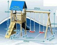 a wooden swing set with measurements for the top and bottom parts labeled in blue text