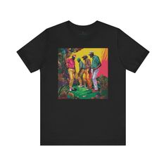 This Black Men Golfers tee shirt features a group of African American men playing a round of golf. The men are dressed in vibrant, colorful golf attire, will definitely draw attention and spark interesting conversations. Adorned with an exquisite design of black men engaged in a friendly round of golf, each figure is depicted in eye-catching, colorful attire that celebrates the spirit of camaraderie and brotherhood. This Black Men Golfers tee shirt is an ideal gift for celebrating the spirit of the game. 𝗗𝗘𝗧𝗔𝗜𝗟𝗦:👉🏾 100% ring-spun cotton👉🏾 Easy to layer, breathable👉🏾 Ribbed knit collars for better shaping👉🏾 Tapered shoulders for a better fit👉🏾 Dual side seams for longer lasting shape👉🏾 Light fabric (4.5 oz/yd)👉🏾 Eurofit👉🏾 Runs true to size👉🏾 Fabric blends: Athletic Black Graphic Print Shirt For Golf, Black Graphic Print Top For Golf, Casual Black Golf T-shirt, Casual Black T-shirt For Golf, Black Cotton T-shirt For Golf, Casual Graphic Print T-shirt For Golf, American Men, Interesting Conversation, Golf Attire