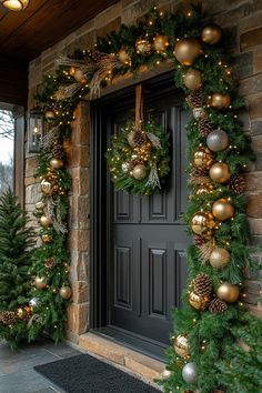 christmas wreaths and pine cones are hanging on the front door