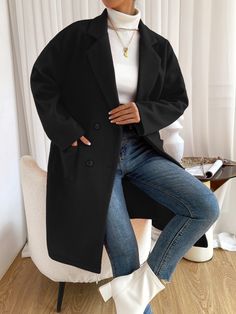 Outfit Manteau Noir, Outfit Manteau Long Noir, Short Black Coat Outfit, Black Overcoat Outfit Women, Classique Outfit, Black Coat Outfits For Women, Overcoat Outfit Women, Black Wool Coat Outfit, Wool Coat Outfits