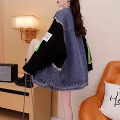 Shipping: Worldwide Express Shipping AvailableDelivery time: 7-15Days Fast ShippingReturns: Fast refund, 100% Money Back Guarantee. Patchwork Letters, Jean Sweater Jacket, Cardigan Korean, Denim Sweater Jacket, Denim Jacket With Fur, Jersey Cardigan, Korean Clothes, Bodycon Evening Dress, Fashion Patchwork