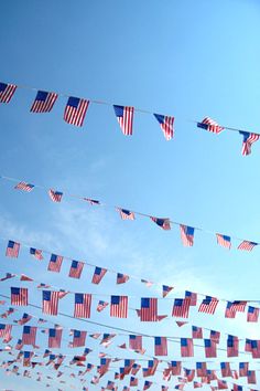 many american flags are hanging in the air