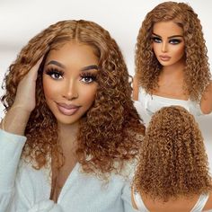 Honey Blonde Curly Lace Front Wigs Human Hair Preplucked Density180 Transparent Lace Blonde Curly Human Hair Lace Wigs For Women Brown Curly Wigs, Wigs Wet And Wavy, Short Curly Bob Wig, Scene Bangs, Soft Blonde, Curly Bob Wigs