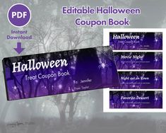 halloween coupon book with purple background and trees