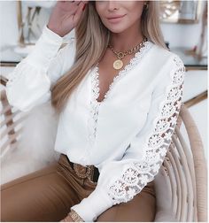 Women's Autumn Fashion White Long Sleeved V-neck Lace Splice Shirt Elegant Women Hollow Out Loose Office Shirt Blusas De Encaje Patchwork Shirt, Women White Blouse, 2024 Spring Summer, Shirts And Blouses, White Long Sleeve Blouse, Shirt Blouses Women's, Women Office, Fashion White, The Office Shirts