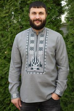 Men's embroidered shirt, gray, linen, Vyshyvanka, Ukrainian shirt for men T Shirt Picture, Elegant Shirt, Modern Chic, Embroidered Shirt, Mens Accessories, Mens Shirts, Grey, Mens Outfits, Clothes