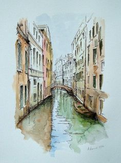 a watercolor painting of a canal in venice