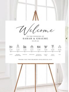 a welcome sign with the words,'welcome to the wedding of sarah and graham '