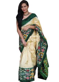 Cream With Bottle Green Color Ikkat Saree  Wrap yourself in comfort with style with the Cream With Bottle Green Color Ikkat Saree for festive occasions and ceremonies with earrings, a necklace, and a pair of matching fashion sandals or ethnic footwear for an ethnic look. This Ikkat soft, silky silk saree will bring out your inner fashionista with its bold color and unique design. This Cream With Bottle Green Color Ikkat Saree will be your favorite outfit for the festive season.  About The Product:  Body Color : Cream  Pallu Color : Green  Blouse Color : Green  Fabric : Pure mulberry pattu silk   Dimensions:  Length = 6.2 meters (Including blouse)  Width = 45 inches   Key Benefits  Light in weight  Soft in texture  Designed to suit all age groups    Legal Disclaimer:  The product is guarant Festive Ikat Print Saree, Designer Dupatta For Festivals, Green Ikat Print Saree, Festive Ikat Print Dupatta, Traditional Ikat Print Dupatta, Indian Bedroom, Patola Sarees, Ikat Saree, Designer Silk Sarees