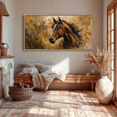 a painting of a horse is hanging on the wall