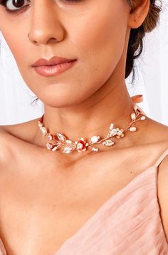 "Compliment your style by this Crystal choker necklace made with silver-plated wire and metallic ribbon. Hand-wired decorative part of Leaf bridal necklace  is soft and flexible. Crystal Pearl floral necklace for bride is perfect for any special occasion.    Length of the decorative part is about 6.7\" (17-18 cm). Length with adjustable chain is about 13.5-16.1'' (34.5-41 cm) CLOSURE: Rose Pink ribbon / Shown, Tan Gold ribbon, Chamois Gold ribbon, Pale Gold ribbon, Silver ribbon, Gold adjustable chain, Silver adjustable chain. OPTIONAL: You can request to substitute Clear Cubic Zirconia with colourful marquise-shaped rhinestones. See the last picture. Other Bracelets https://www.etsy.com/shop/TorontoBridalJewels?ref=seller-platform-mcnav%C2%A7ion_id&section_id=24585356 Please note the jewe Rose Gold Choker Necklace, Necklace For Bride, Beaded Chocker, Rose Gold Choker, Ribbon Choker Necklace, Floral Choker, Rose Choker, Necklace Leaf, Bridal Jewels