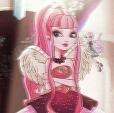 an anime character with pink hair and angel wings