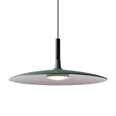 a green and white pendant light hanging from a black cord on a white background with the lights turned off