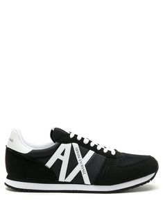 black/white logo patch to the side logo patch at the tongue contrasting heel counter round toe front lace-up fastening rubber sole Armani Exchange Logo, Exchange Logo, Black White Logo, Logo Items, Armani Men, Black Logo, New Balance Sneaker, Armani Exchange, Mens Shoes Sneakers