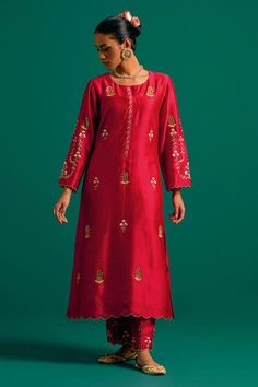 Red silk chanderi kurta with sequins, cutdana and resham hand embroidery. Comes with pant.
Components: 2
Pattern: Hand embroidered
Type Of Work: Sequins, Cutdana, Resham
Neckline: Notched
Sleeve Type: Full
Fabric: Silk chanderi
Color: Red
Other Details: 
Model Height: 5ft 6inches, wearing size S
Occasion: Sangeet - Aza Fashions Red Kurta, Kurta Neck Design, Embroidered Pants, Silk Kurta, Kurta With Pants, Red Silk, Pants Pattern, Pant Set, Set For Women