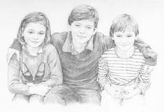 a pencil drawing of three children sitting next to each other