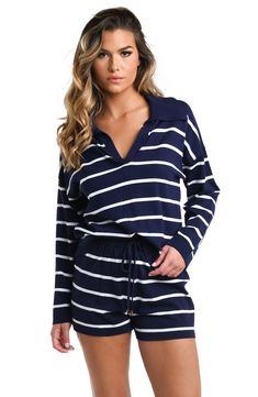 A johnny collar tops this striped cover-up top rendered in an oversized fit that's cool and casual. Johnny collar Long sleeves Viscose/polyester/nylon Hand wash, line dry Imported Vertical Stripes Long Sleeve Top For Day Out, Navy Top With Striped Collar For Summer, Navy Tops With Striped Collar For Summer, Navy Top With Striped Collared Neckline, Navy Tops With Striped Collar, Navy Tops With Striped Collared Neckline, Navy Long Sleeve Tops With Contrast Stripes, Navy Long Sleeve Top With Striped Collar, Navy Top With Contrast Stripes For Spring