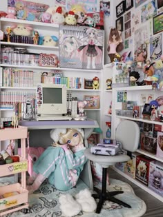 there is a doll sitting on the floor in front of a desk and shelves with stuffed animals