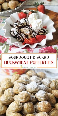 some desserts and pastries on a table with strawberries in the background,