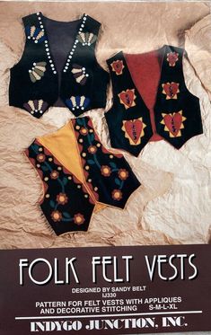 three vests are displayed on a piece of paper with the words folk fit vests written below them