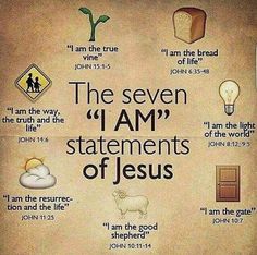 the seven i am statements of jesus written on parchment paper with images of sheep, bread and light bulbs