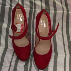 Never Worn Red Strapped Heels. Price Tag Still On Them! Red T-strap Heels For Party, Floral Embroidered Heels, Mauve Heels, Red Open Heel 4-inch Heels, Lace High Heels, Bling Heels, Embroidered Heels, Classic Red Heels, Medium Width, Sequin Shoes