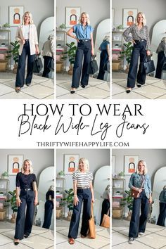 T Shirt And Wide Leg Jeans, How To Style Wide Leg Black Jeans, Wide Leg Jeans Outfit Winter Ankle Boots, Styling Black Wide Leg Jeans, Wife Leg Black Pants Outfit, Black Wide Leg Denim Outfit, Wide Leg Jeans Black Outfit, Wide Leg Jeans Business Casual, Black Wide Leg Pants Outfit Spring