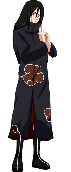 an anime character with long black hair standing in front of a white background wearing a coat and boots