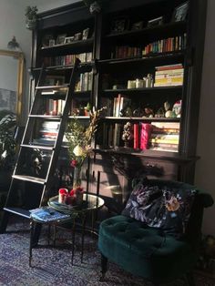 a living room filled with lots of books and furniture