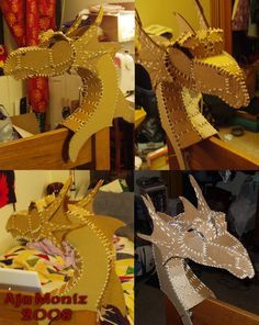 four different pictures of a dragon made out of cardboard