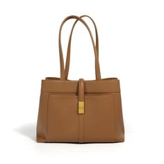 Chic Designer Leather Tote Bag for Women with Practical Multiple Inner Pockets Elegant Cognac Shoulder Bag For Workwear, Brown Calf Leather Shoulder Bag With Brass Hardware, Brown Structured Shoulder Bag With Gold-tone Hardware, Luxury Brown Shoulder Bag For Work, Elegant Calf Leather Bag For Fall, Modern Office Shoulder Bag With Brass Hardware, Brown Textured Leather Shoulder Bag For Office, Office Brown Textured Leather Shoulder Bag, Leather Shoulder Bag With Turn-lock Closure In Cognac