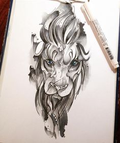 an ink drawing of a lion's head with long manes and blue eyes