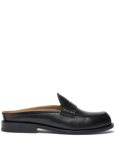 jet black calf leather smooth grain penny slot almond toe slip-on style branded leather insole low stacked heel leather sole Classic Slip-ons With Rubber Sole And Flat Heel, Classic Slip-on Clogs With Leather Sole, Classic Calf Leather Almond Toe Slip-ons, Classic Calf Leather Slip-ons With Round Toe, Calf Leather Slip-ons With Almond Toe And Leather Sole, Classic Slip-ons With Flat Heel And Removable Insole, Classic Calf Leather Slip-ons With Flat Heel, Timeless Slip-ons With Leather Sole, Classic Slip-ons With Removable Insole And Flat Heel