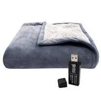 a usb device sitting on top of a blue blanket next to a black and white object