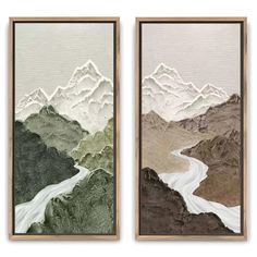 two framed art pieces with mountains and a river in the middle, one is made out of paper