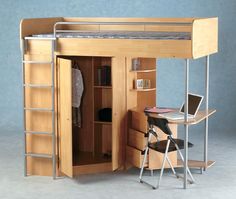 a bunk bed with a desk underneath it and ladders to the bottom level above