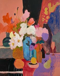 a painting of flowers in a blue vase on a table next to an orange and pink wall