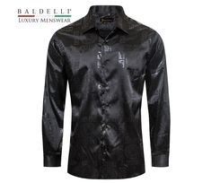 This luxurious satin black shirt from Baldelli is sure to impress at any social event. The shirt features a beautiful meander and tiger motif, and is made from high-quality satin fabric. It is a long sleeve button down dress shirt that is perfect for both formal and casual occasions. Features: Satin fabric Meander and tiger motif Long sleeve button down design Comfortable and stylish Benefits: Luxurious and sophisticated Eye-catching and elegant Versatile and easy to care for Perfect for both fo Luxury Long Sleeve Satin Shirt, Luxury Satin Formal Shirt, Luxury Black Party Shirt, Luxury Black Shirt For Spring, Classic Black Satin Top, Black Silk Shirt For Formal Occasions, Black Silk Formal Shirt, Black Shirt For Evening In Fall, Black Evening Shirt For Fall