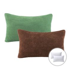 two brown and green pillows on white background