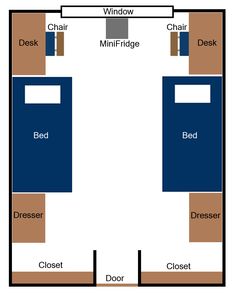 the floor plan for a bedroom with two beds and closets on each side,