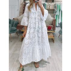 Season:Summer,Spring; Fabric:Lace,Linen Cotton Blend; Sleeve Length:3/4 Length Sleeve; Look After Me:Machine wash; Gender:Women's; Style:Casual; Elasticity:Inelastic; Occasion:Daily; Fit Type:Loose Fit; Dresses Type:White Dress,Lace Dress,White Cotton Dress; Pattern:Plain; Design:Button,Eyelet,Ruffle Trim; Neckline:Split Neck; Front page:FF; Listing Date:04/23/2024; Production mode:External procurement; Bust:; Length:; Shoulder Width:; Sleeve:; Dress Length Type:Maxi Dress; Print Type:non-printi Summer Half Sleeve Maxi Dress For Brunch, Spring Half Sleeve Maxi Dress For Beach, Spring Beach Maxi Dress With Half Sleeves, Half Sleeve Maxi Dress For Spring Beach, Spring Half Sleeve Maxi Dress, Spring Summer Maxi Dress With Half Sleeves, Spring Half-sleeve Maxi Dress For Beach, Summer Maxi Dress With Half Sleeves For Spring, Half Sleeve Maxi Dress For Spring And Summer