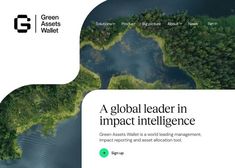 an aerial view of a lake surrounded by green trees and blue water with the words global leader in impact intelilince