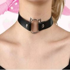 Edgy Black Leather Choker Cat Necklace Material: Pu Leather, Alloy Length: 15.7" Brand New Trendy Cat Design Jewelry For Parties, Trendy Cat Design Jewelry For Party, Trendy Black Jewelry With Cat Design, Party Jewelry With Cat Design And Cat Ears, Party Jewelry With Cat Design, Cat Choker, Lilac Stone, Black Leather Choker, Rhinestone Costumes