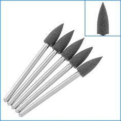 A handy set of diamond embedded silicone polishing burrs suitable for Dremel and other rotary tools. Suitable For manicures, pedicures, gemstones, metalwork, cleaning and a wide range of other detailed polishing work. Details 5pcs Diamond Rubber Burrs Grit: 180 Material: Diamond Embedded Silicone Rubber Tip, Steel Shaft Works with Dremel and other Rotary Tools (For Dremel, use a collet adapter or a keyless chuck) Sizes:  Burr Diameter: 5mm Burr Length: 12mm Shank Diameter: 2.35mm Total Length: 45mm Dremel Rotary Tool, Rotary Tools, Rotary Tool, Manicure Pedicure, Drill Bit, Dremel, Tools And Equipment, Silicone Rubber, Nail Manicure