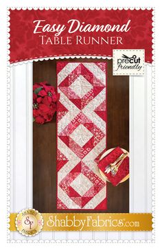 the easy diamond table runner pattern is shown in red, white and beige colors with flowers on