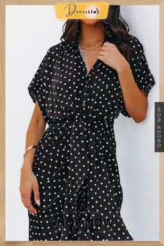 Polka Dot Tie Front Midi Shirt Dress Short Sleeve Polka Dot Dress For Day Out, Polka Dot Short Sleeve Dress For Vacation, Polka Dot Short Sleeve Beach Dress, Polka Dot Mini Dress With Short Sleeves, Casual Polka Dot Short Sleeve Dress, Polka Dot Short Sleeve Mini Dress For Spring, Spring Polka Dot Mini Dress With Short Sleeves, Casual Polka Dot Mini Dress With Short Sleeves, Polka Dot Collared Dress With Buttons