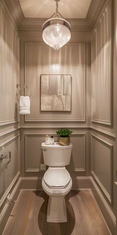 a white toilet sitting inside of a bathroom next to a wooden floor and light fixture